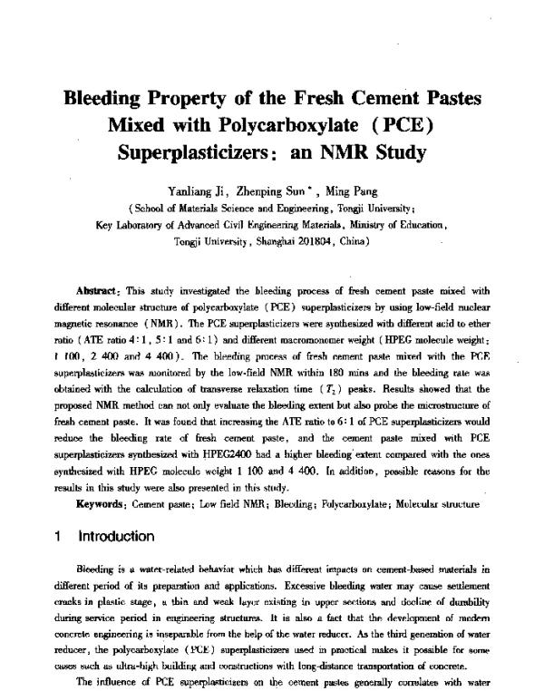 BleedingPropertyoftheFreshCementPastesMixedwithPolycarboxylate(PCE)SuperplasticizersanNMRStudy