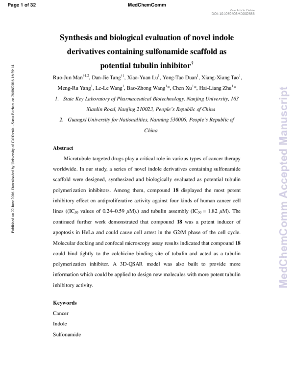 Synthesisandbiologicalevaluationofnovelindolederivativescontainingsulfonamidescaffoldaspotentialtubulininhibitor