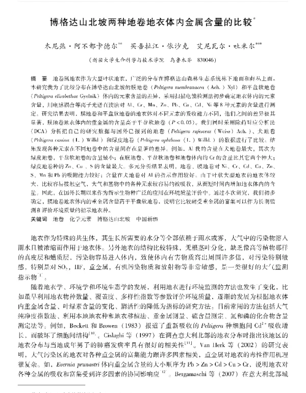 博格达山北坡两种地卷地衣体内金属含量的比较