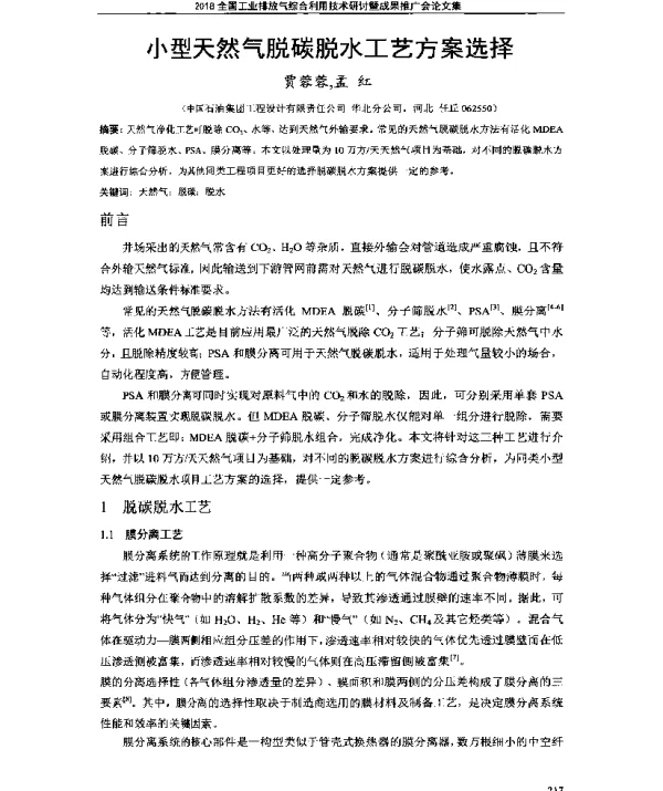 小型天然气脱碳脱水工艺方案选择