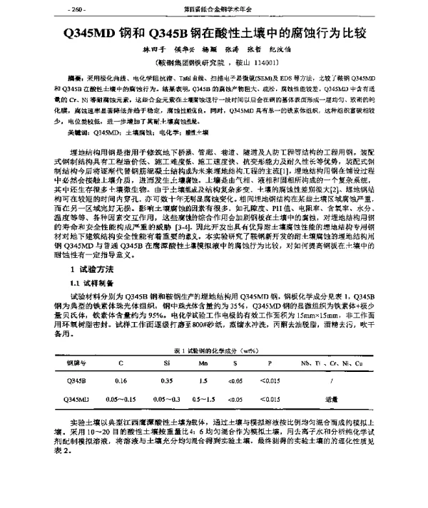 Q345MD钢和Q345B钢在酸性土壤中的腐蚀行为比较