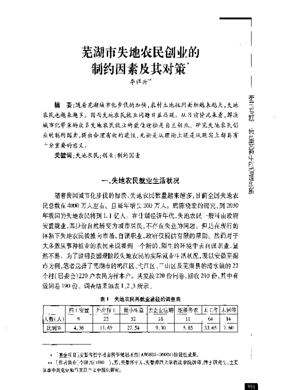 芜湖市失地农民创业的制约因素及其对策