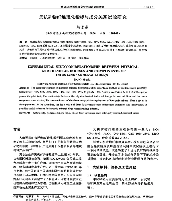 无机矿物纤维理化指标与成分关系试验研究
