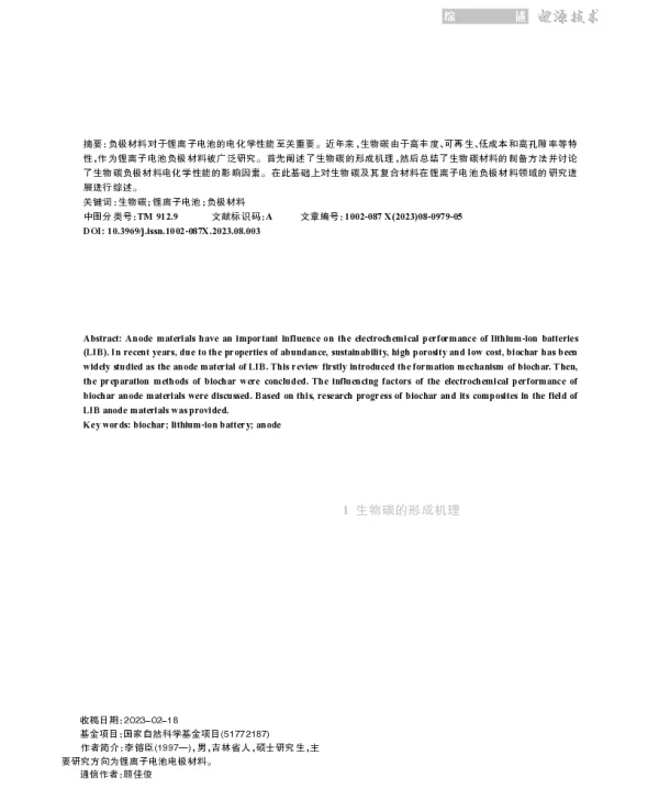 锂离子电池生物碳负极材料的制备及应用进展