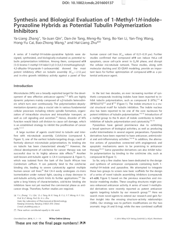 SynthesisandBiologicalEvaluationof1-Methyl-1H-indole-PyrazolineHybridsasPotentialTubulinPolymerizationInhibitors