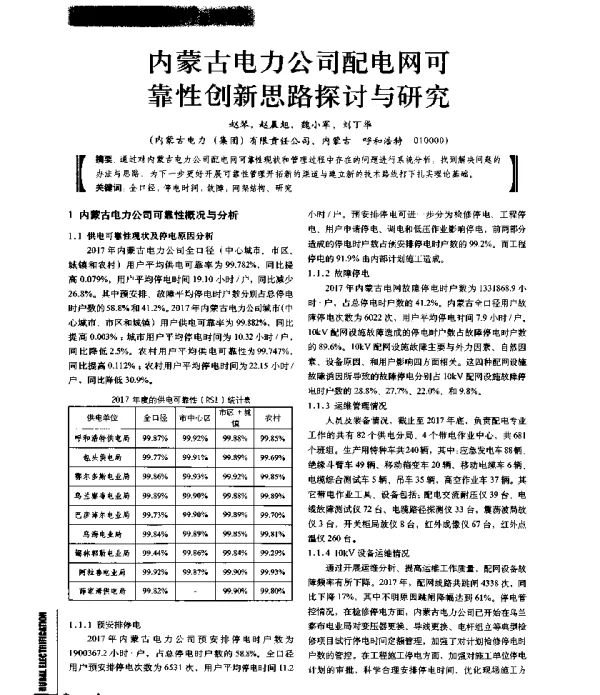 内蒙古电力公司配电网可靠性创新思路探讨与研究