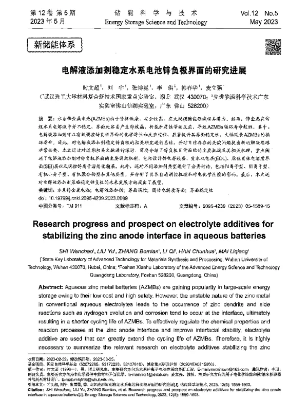 电解液添加剂稳定水系电池锌负极界面的研究进展