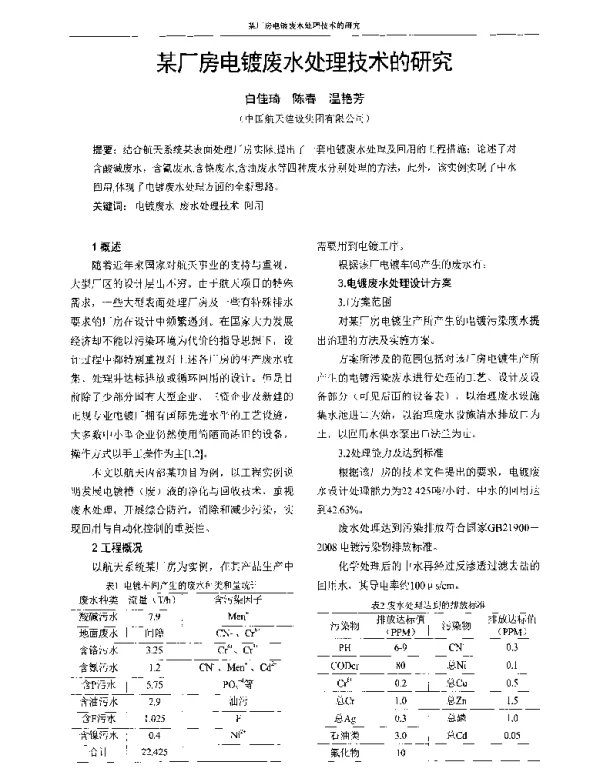 某厂房电镀废水处理技术的研究