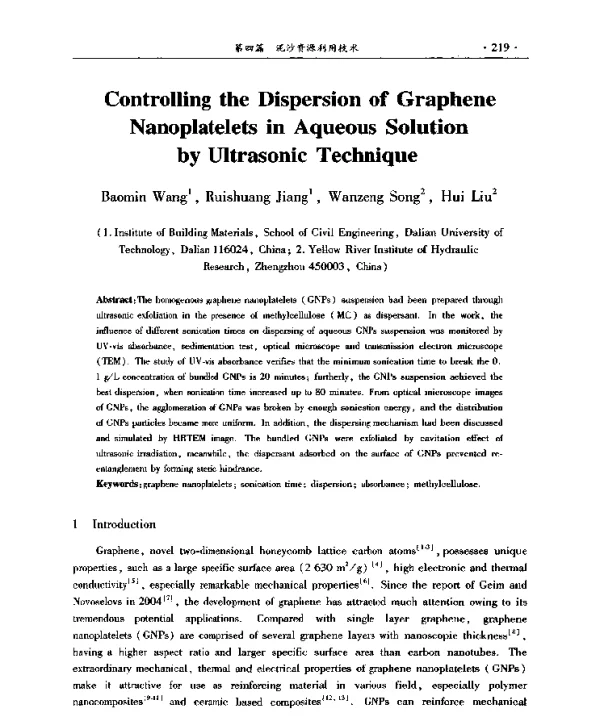 ControllingtheDispersionofGrapheneNanoplateletsinAqueousSolutionbyUltrasonicTechnique