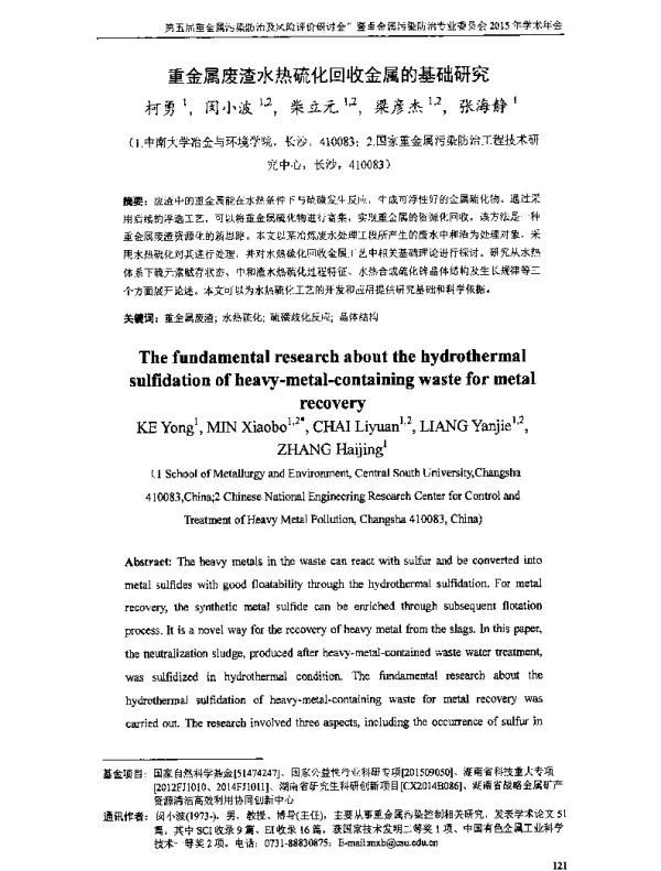 重金属废渣水热硫化回收金属的基础研究