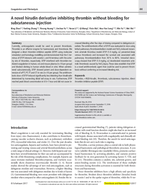 Anovelhirudinderivativeinhibitingthrombinwithoutbleedingforsubcutaneousinjection