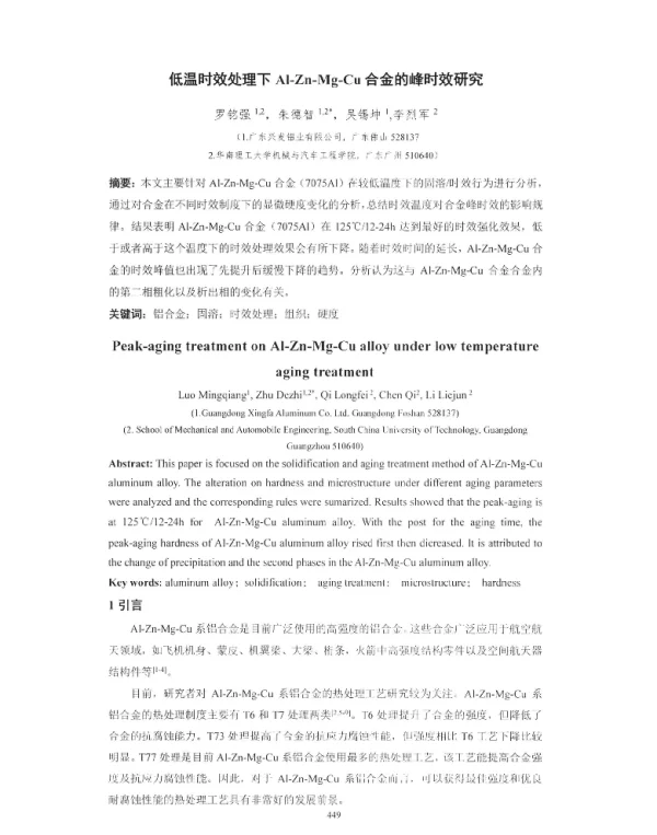 低温时效处理下Al-Zn-Mg-Cu合金的峰时效研究