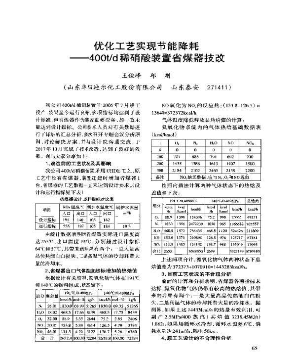 优化工艺实现节能降耗--400td稀硝酸装置省煤器技改