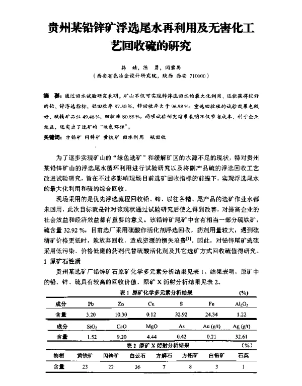 贵州某铅锌矿浮选尾水再利用及无害化工艺回收硫的研究