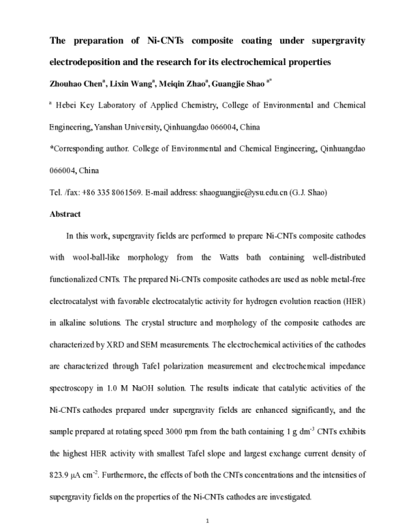 ThepreparationofNi-CNTscompositecoatingundersupergravityelectrodepositionandtheresearchforitselectrochemicalproperties