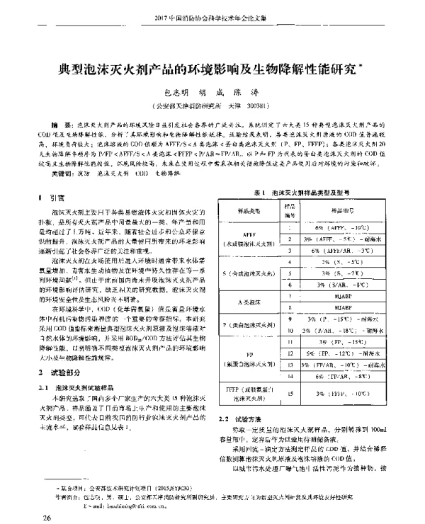 典型泡沫灭火剂产品的环境影响及生物降解性能研究