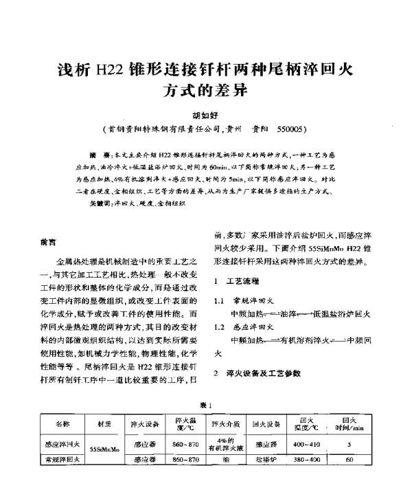 浅析H22锥形连接钎杆两种尾柄淬回火方式的差异