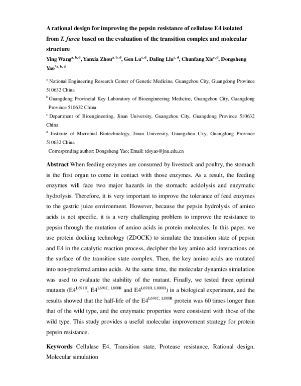 ArationaldesignforimprovingthepepsinresistanceofcellulaseE4isolatedfromT.fuscabasedontheevaluationofthetransitioncomplexandmolecularstructure