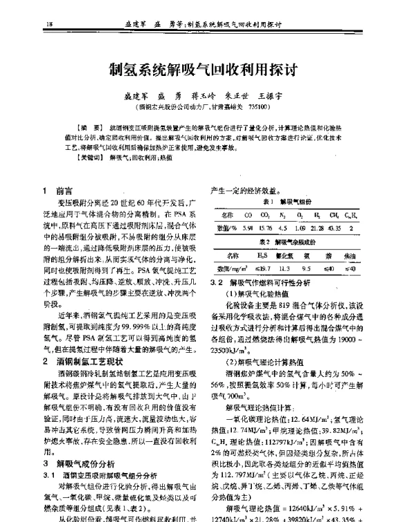 制氢系统解吸气回收利用探讨