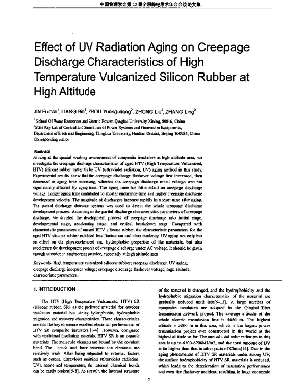 EffectofUVRadiationAgingonCreepageDischargeCharacteristicsofHighTemperatureVulcanizedSiliconRubberatHighAltitude