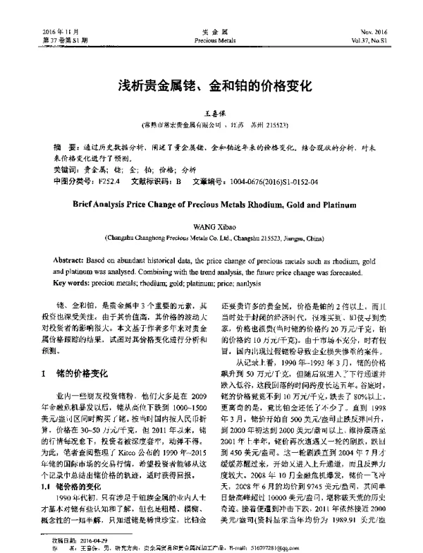 浅析贵金属铑、金和铂的价格变化