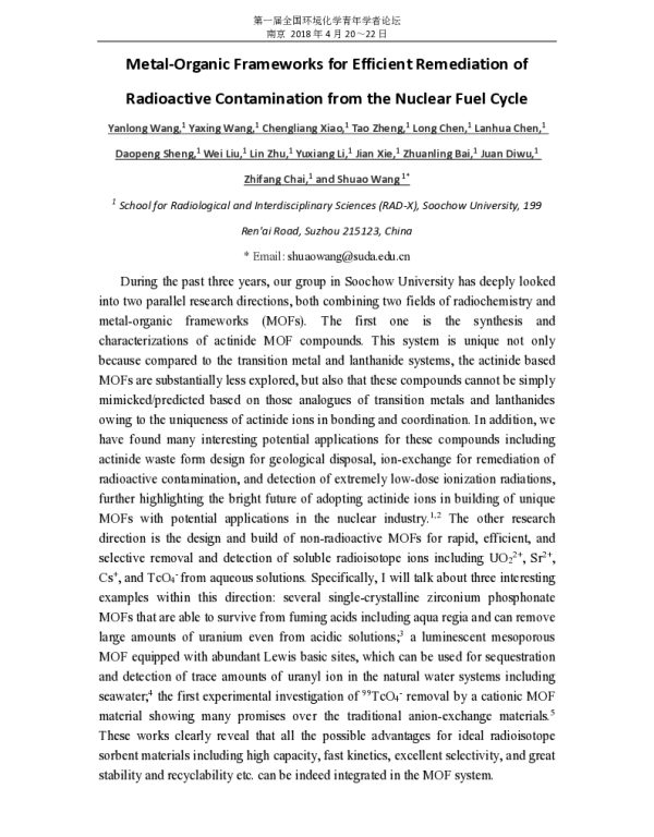 Metal-OrganicFrameworksforEfficientRemediationofRadioactiveContaminationfromtheNuclearFuelCycle