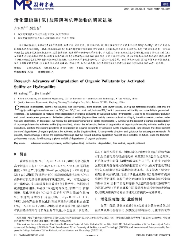 活化亚硫酸(氢)盐降解有机污染物的研究进展
