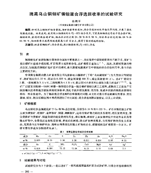 提高乌山铜钼矿铜钼混合浮选回收率的试验研究