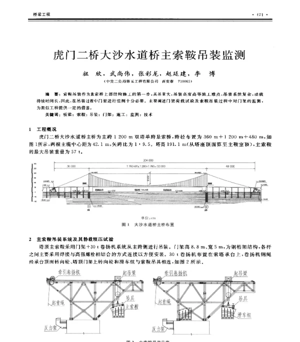 虎门二桥大沙水道桥主索鞍吊装监测