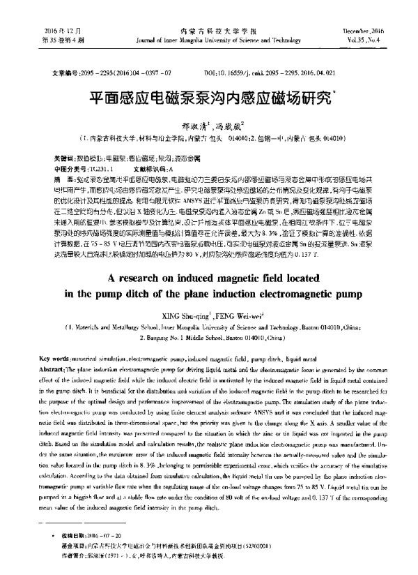平面感应电磁泵泵沟内感应磁场研究