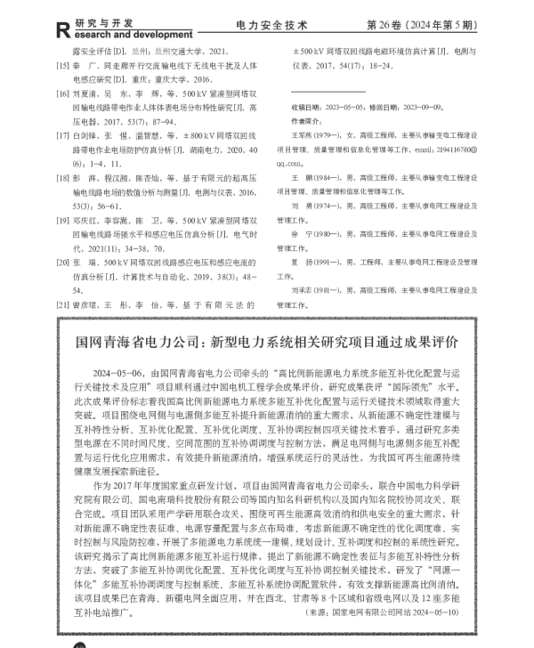 国网青海省电力公司新型电力系统相关研究项目通过成果评价