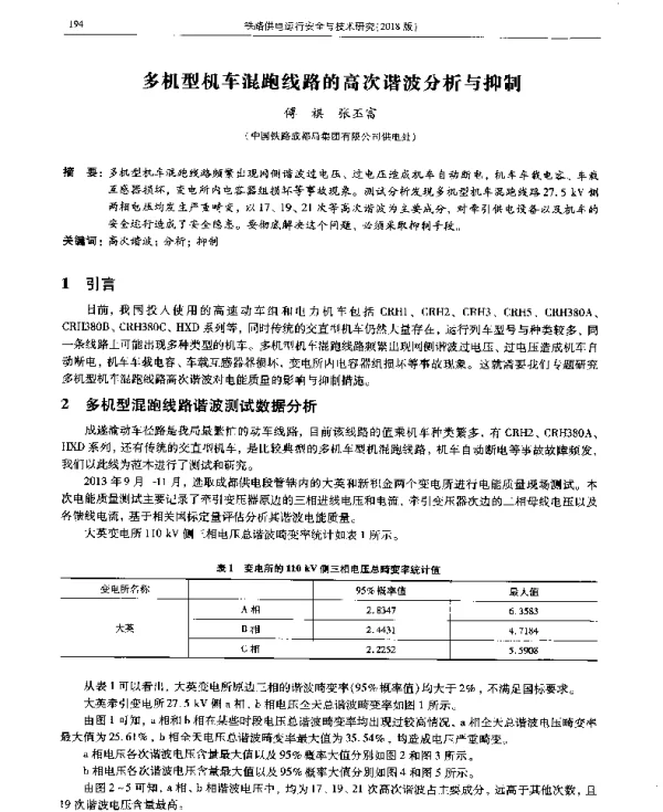 多机型机车混跑线路的高次谐波分析与抑制