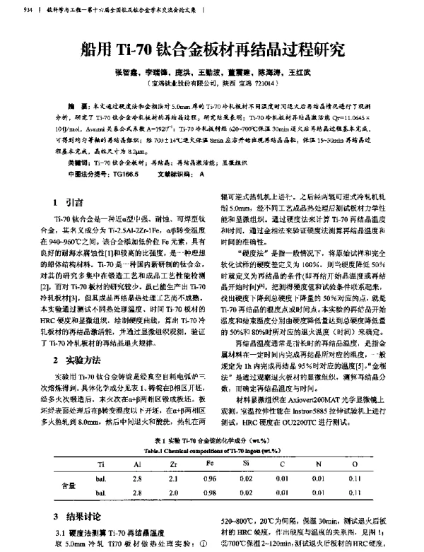 船用Ti-70钛合金板材再结晶过程研究