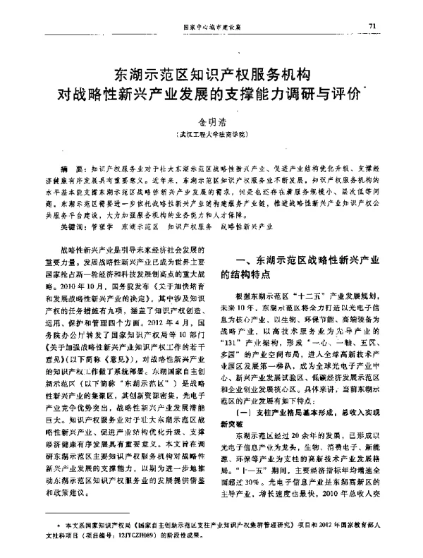 东湖示范区知识产权服务机构对战略性新兴产业发展的支撑能力调研与评价