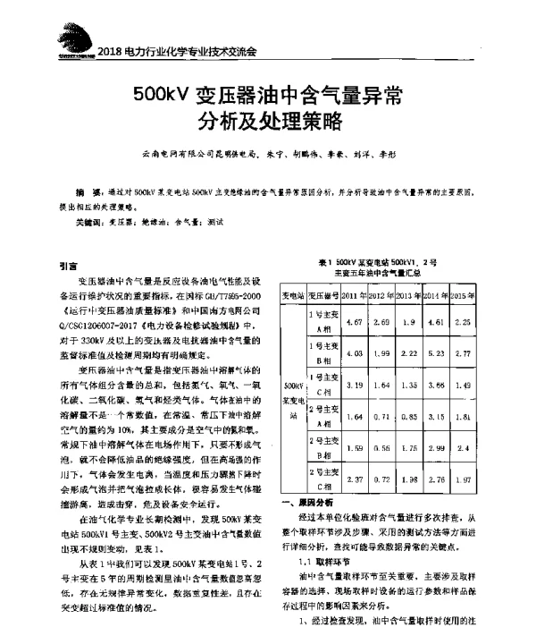 500kV变压器油中含气量异常分析及处理策略