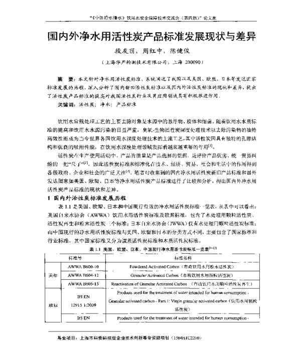 国内外净水用活性炭产品标准发展现状与差异