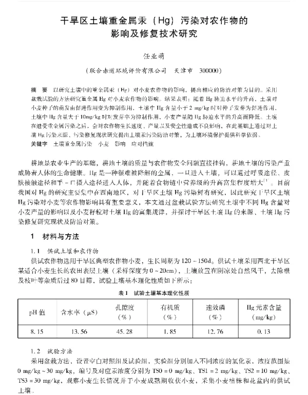干旱区土壤重金属汞(Hg)污染对农作物的影响及修复技术研究