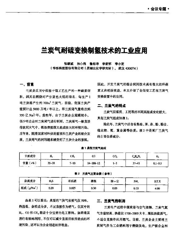 兰炭气耐硫变换制氢技术的工业应用