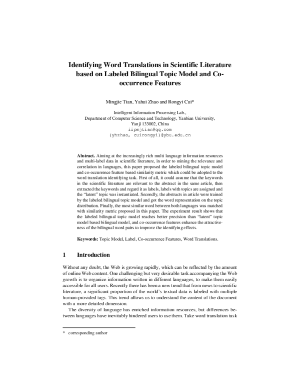 IdentifyingWordTranslationsinScientificLiteraturebasedonLabeledBilingualTopicModelandCo-occurrenceFeatures