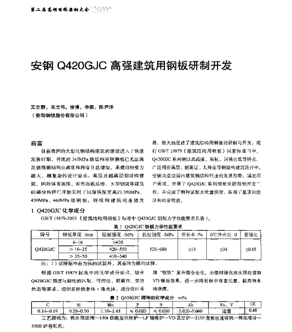 安钢Q420GJC高强建筑用钢板研制开发