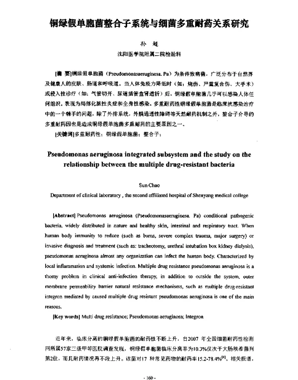 铜绿假单胞菌整合子系统与细菌多重耐药关系研究
