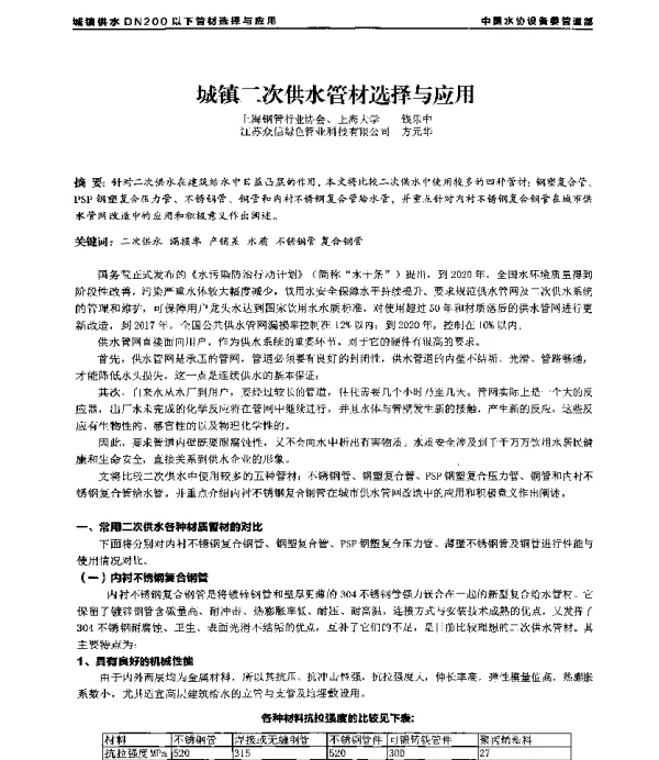 城镇二次供水管材选择与应用