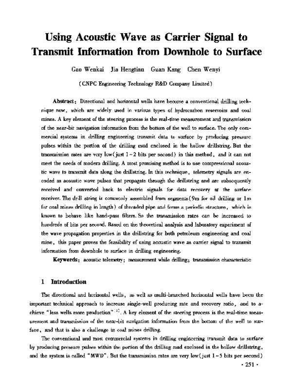 UsingAcousticWaveasCarrierSignaltoTransmitInformationfromDownholetoSurface