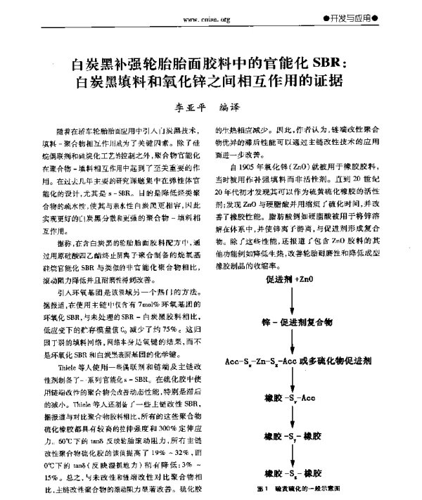 白炭黑补强轮胎胎面胶料中的官能化SBR白炭黑填料和氧化锌之间相互作用的证据