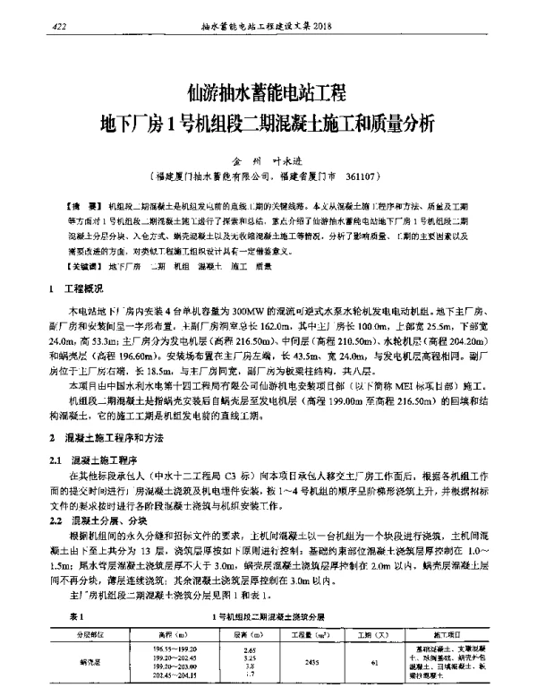 仙游抽水蓄能电站工程地下厂房1号机组段二期混凝土施工和质量分析
