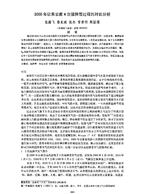 2000年以来云南4次强降雪过程的对比分析