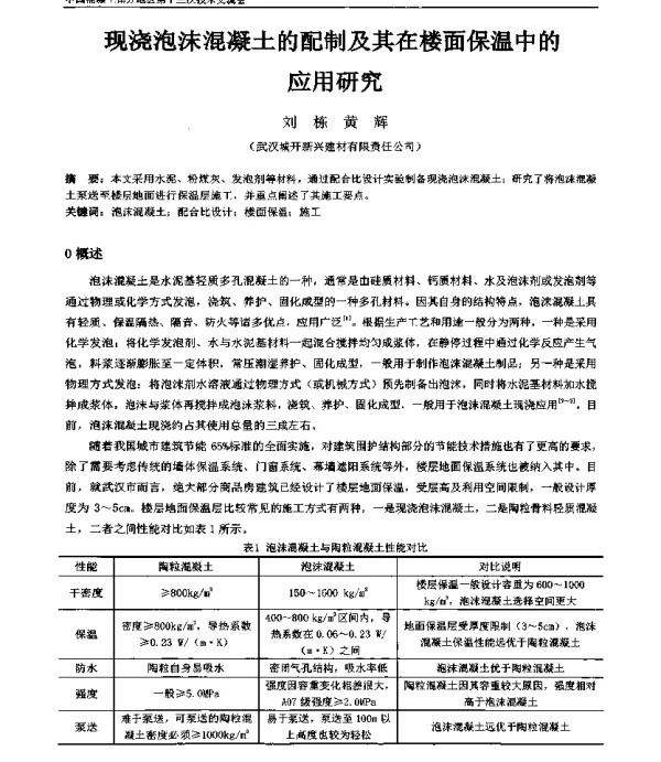现浇泡沫混凝土的配制及其在楼面保温中的应用研究