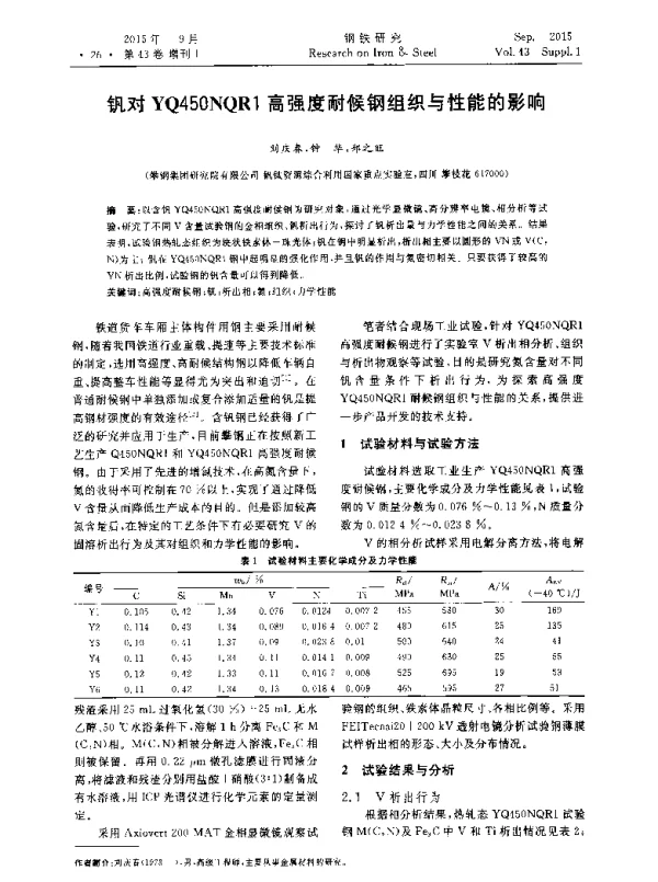 钒对YQ450NQR1高强度耐候钢组织与性能的影响