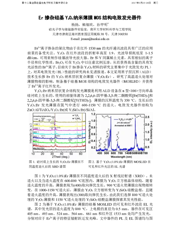 Er掺杂硅基Y2O3纳米薄膜MOS结构电致发光器件