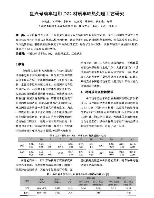 复兴号动车组用DZ2材质车轴热处理工艺研究